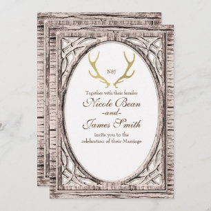 Gold Rustic Deer Antlers White Wood Invitation