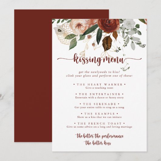 Gold Rustic Floral Mariage Kissing Menu Carte de j (Devant / Derrière)
