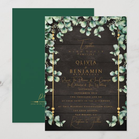 Gold Rustic Wood & Eucalyptus greenery Wedding Inv Kaart (Voorkant / Achterkant)