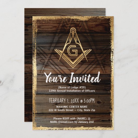 Gold Rustic Wood Invitations maçonniques | Franc-m (Devant / Derrière)