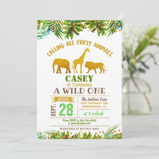 Gold Safari Animal Verjaardag Uitnodiging (Staand voorkant)