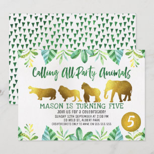 Gold Safari Animals Birthday Invitation Kaart