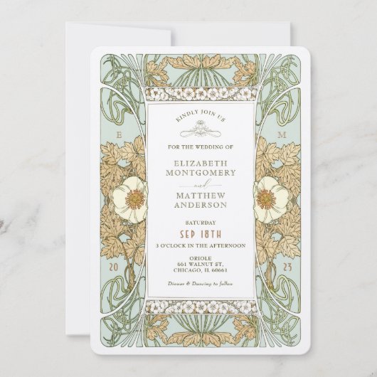 Gold Sage Green Art Nouveau Alphonse Mucha Wedding Kaart (Voorkant)