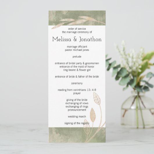 Gold Sage Green Floral Wedding Programme (Debout devant)