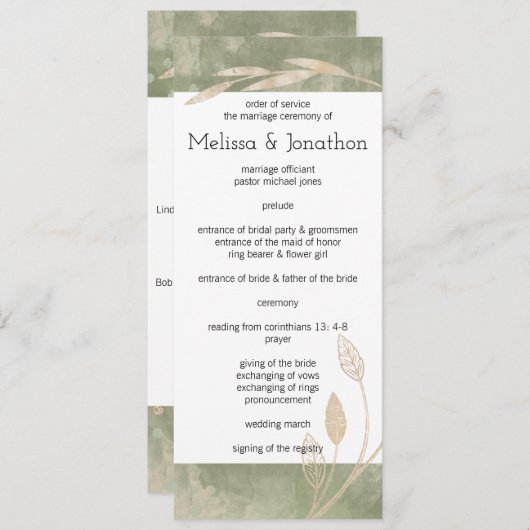 Gold Sage Green Floral Wedding Programme (Devant / Derrière)