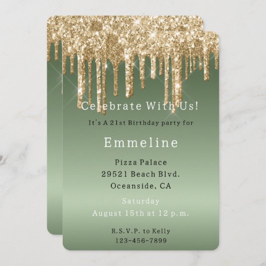 Gold Sage Green Sparkle Glitter Drips Verjaardag Kaart (Voorkant / Achterkant)