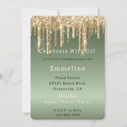 Gold Sage Green Sparkle Glitter Drips Verjaardag Kaart (Voorkant)