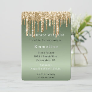 Gold Sage Green Sparkle Glitter Drips Verjaardag Kaart