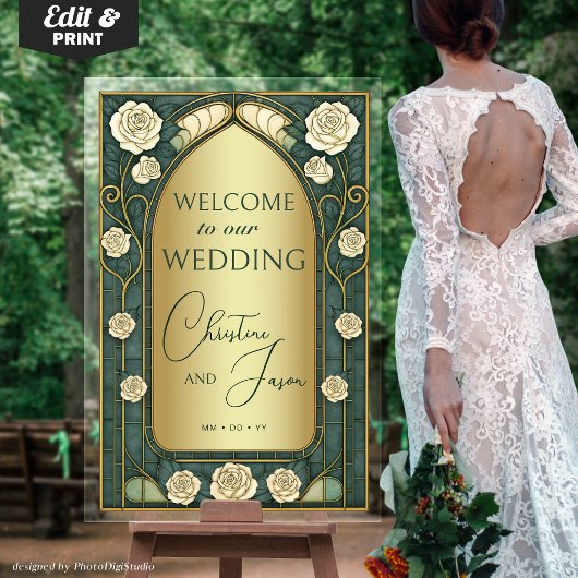 Gold Sage Vitrage Mariage Floral Bienvenue