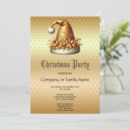 Gold Santa Hat Fête de Noël Invitation (Debout devant)