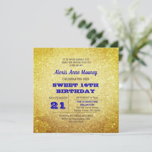 Gold & Sapphire Blue Sparkly Sweet 16 Uitnodiging (Staand voorkant)
