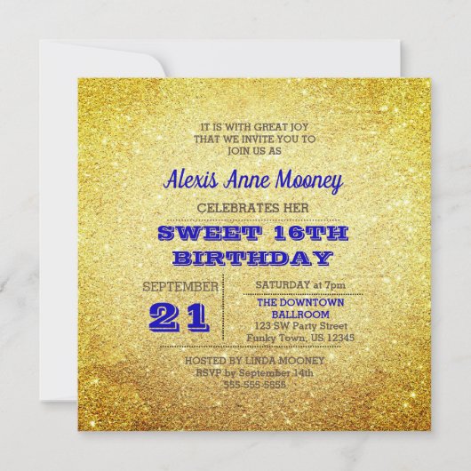 Gold & Sapphire Blue Sparkly Sweet 16 Uitnodiging (Voorkant)