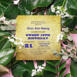 Gold & Sapphire Blue Sparkly Sweet 16 Uitnodiging