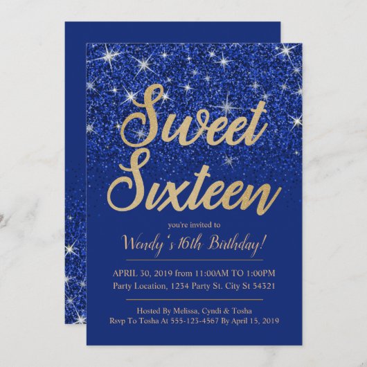 Gold Sapphire Sweet 16 Invitations d'anniversaire (Devant / Derrière)