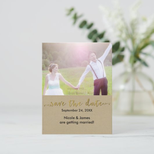 Gold SAVE the DATE Rustic Photo Wedding Briefkaart (Staand voorkant)
