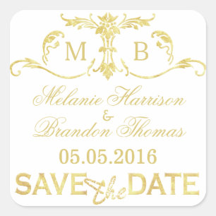 Gold Save the Date Sticker gold monogram bruiloft