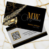 Gold Saxophone Jazz, Zwart & QR Code, Monogram Visitekaartje