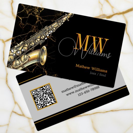 Gold Saxophone Jazz, Zwart & QR Code, Monogram Visitekaartje