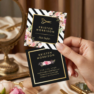 Gold Scissors Flowers Hair Stylist Beauty Salon Vierkante Visitekaartje