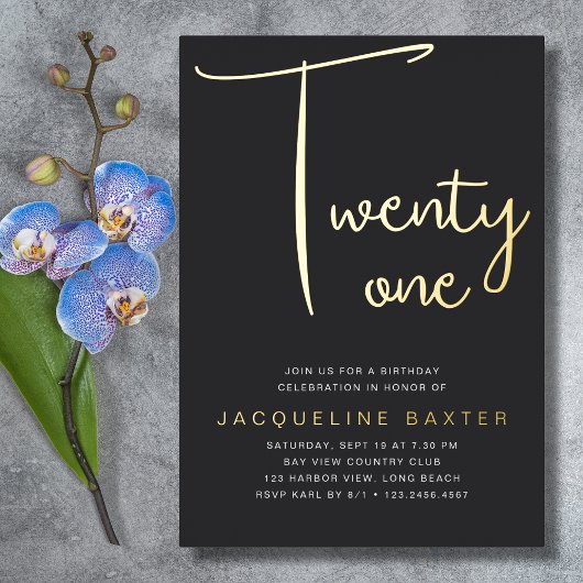 Gold Script 21st Birthday Party Folie Uitnodiging