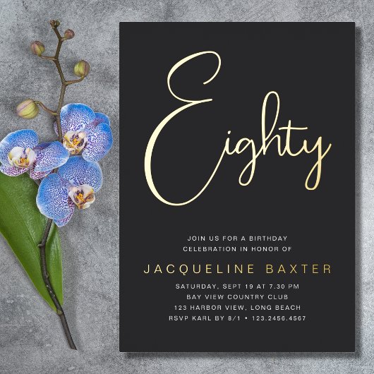 Gold Script 80th Birthday Party Folie Uitnodiging