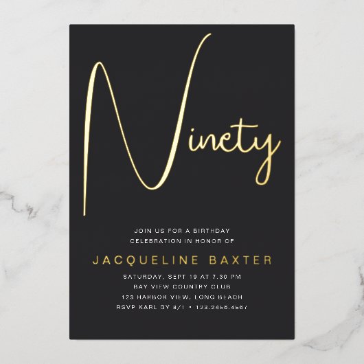 Gold Script 90th Birthday Party Folie Uitnodiging (Voorkant)