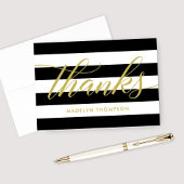 Gold Script Black en White Stripes Wedding Bedankkaart
