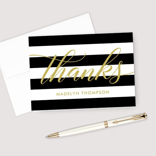 Gold Script Black en White Stripes Wedding Bedankkaart