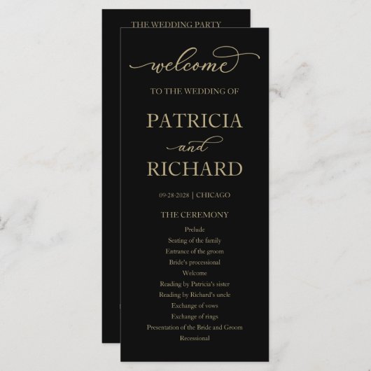 Gold Script Black Wedding Ceremony Program Programma (Voorkant / Achterkant)