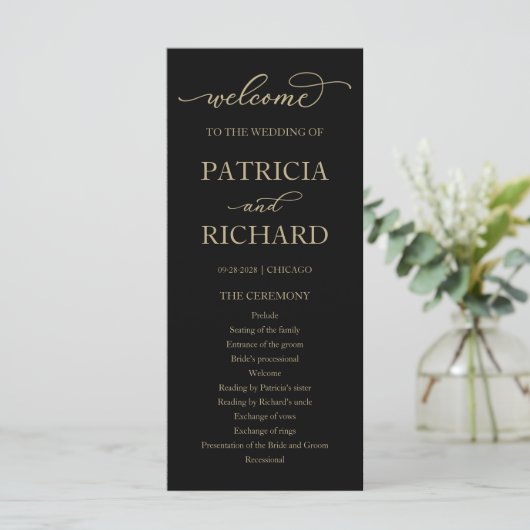 Gold Script Black Wedding Ceremony Program Programma (Staand voorkant)