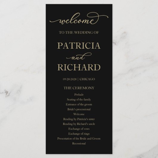 Gold Script Black Wedding Ceremony Program Programma (Voorkant)