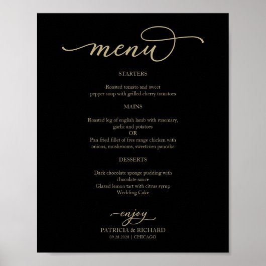 Gold Script Black Weduwmenu Sign Poster (Voorkant)