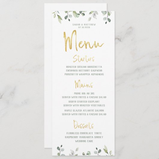 Gold Script Calligraphy Classic Wedding Dinner Menu (Voorkant / Achterkant)