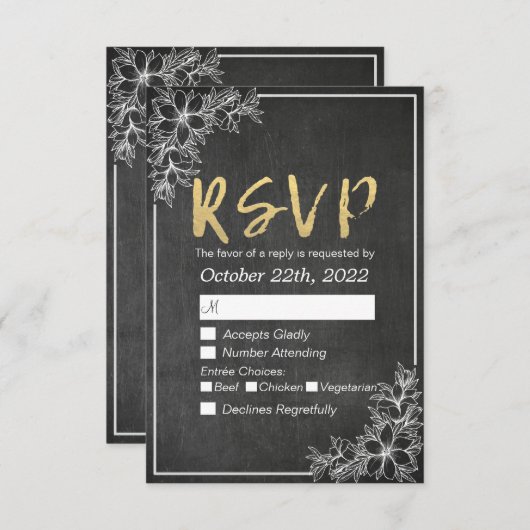 Gold Script Chalkboard Floral Wedding RSVP Réponse (Devant / Derrière)