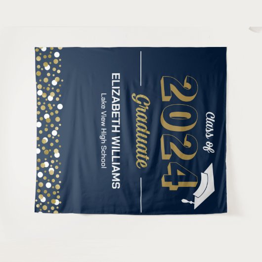 Gold Script Confetti Afstudeerder Party Blue Backd Wandkleed (Voorkant (horizontaal))