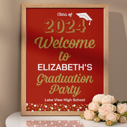 Gold Script Confetti Afstudeerder Party Red Welcom Poster