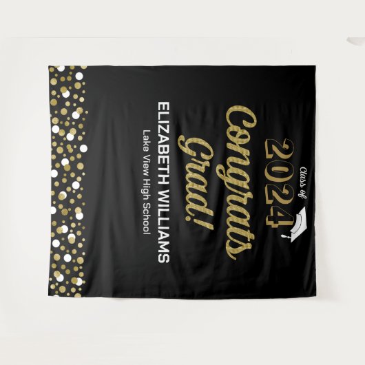Gold Script Confetti Congring Afstudeerder zwarte  Wandkleed (Voorkant (horizontaal))