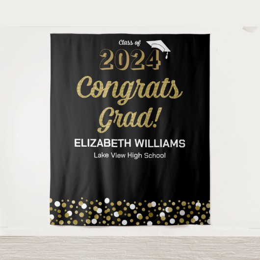 Gold Script Confetti Congring Afstudeerder zwarte  Wandkleed (Voorkant)