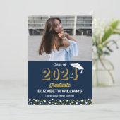 Gold Script Confetti Foto Blue Afstudeerder kondig Kaart (Staand voorkant)