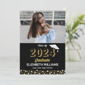 Gold Script Confetti Photo Black Afstudeerder kond Kaart (Staand voorkant)