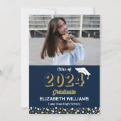Gold Script Confetti Photo Blue Grad Faire-part (Devant)