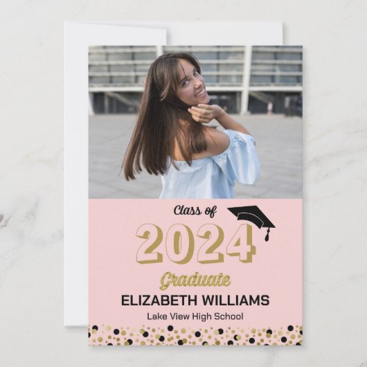 Gold Script Confetti Photo Pink Grad Faire-part (Devant)