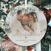 Gold Script Elegant Family Photo Merry Christmas Glas Ornament