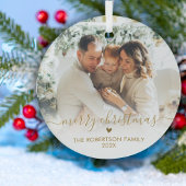 Gold Script Elegant Family Photo Merry Christmas Glas Ornament