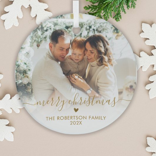 Gold Script Elegant Family Photo Merry Christmas Glas Ornament
