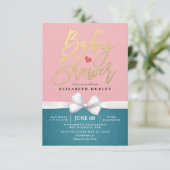 Gold Script en White Ribbon Pink Blue Baby shower Kaart (Staand voorkant)