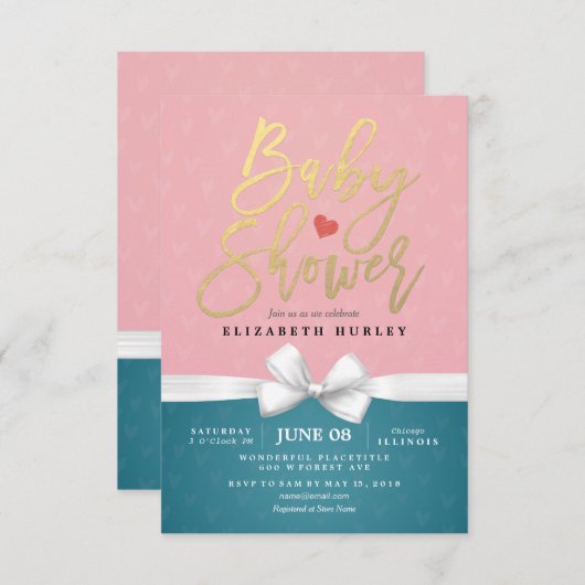 Gold Script en White Ribbon Pink Blue Baby shower Kaart (Voorkant / Achterkant)
