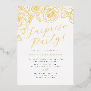 Gold Script Floral Surprise Party Folie Uitnodiging