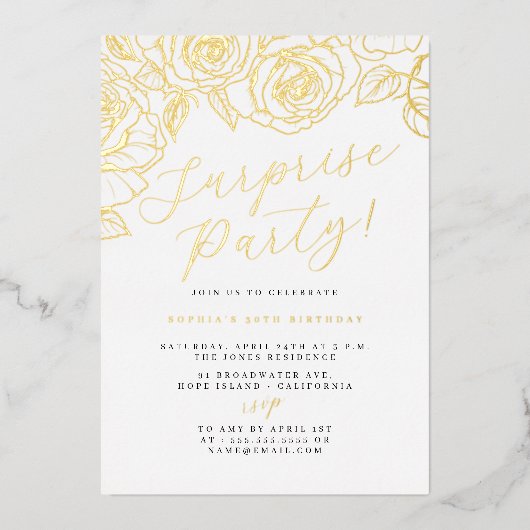 Gold Script Floral Surprise Party Folie Uitnodiging (Voorkant)