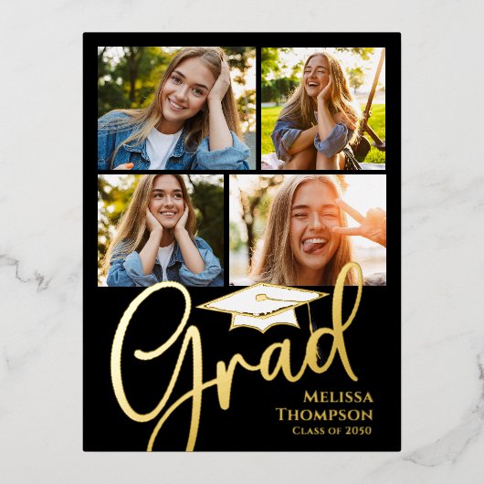 Gold Script Graduation Photo Collage Invitation (Recto)